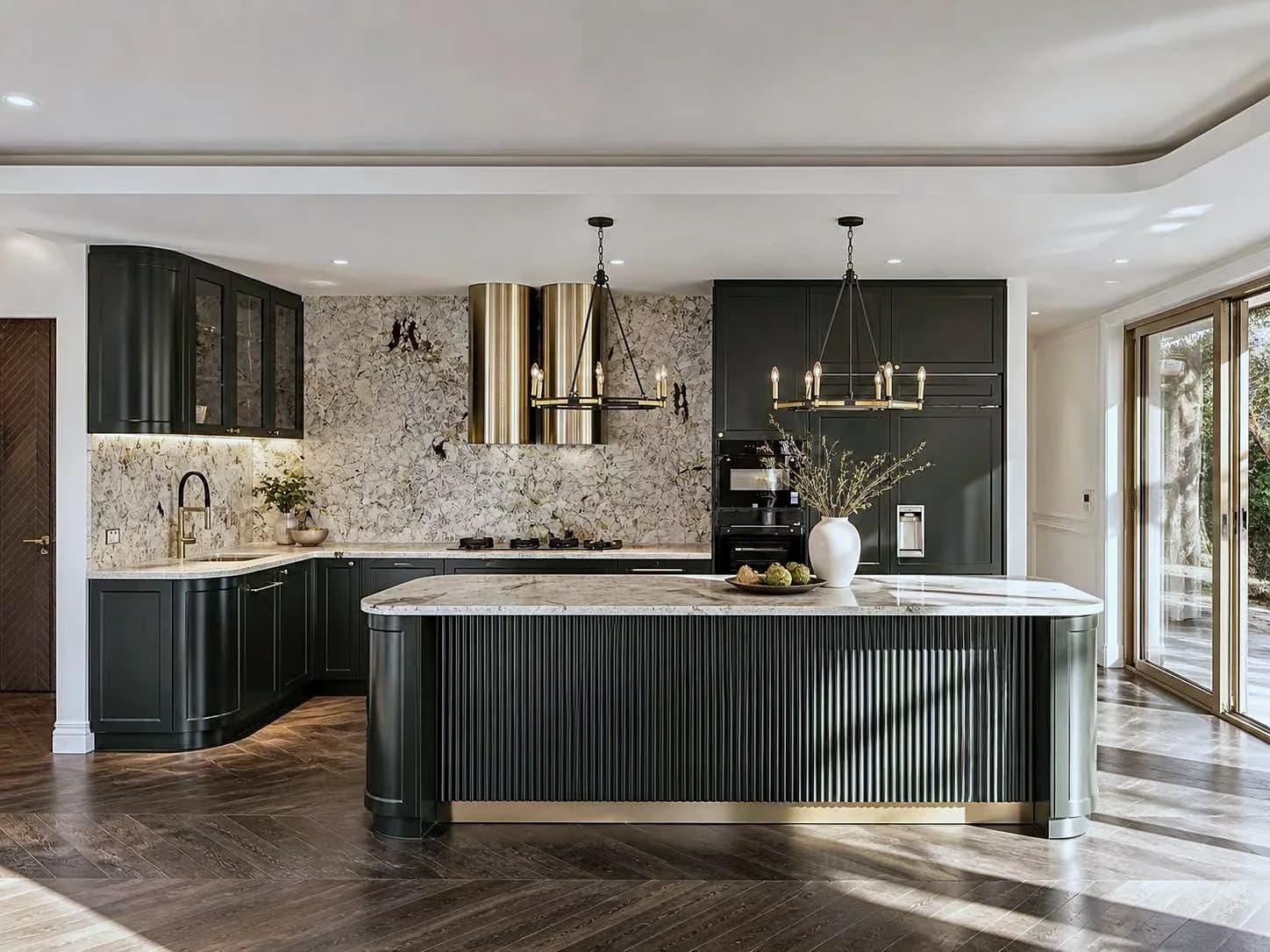 Dark green kitchen cabinetry with a curved island and stone surfaces