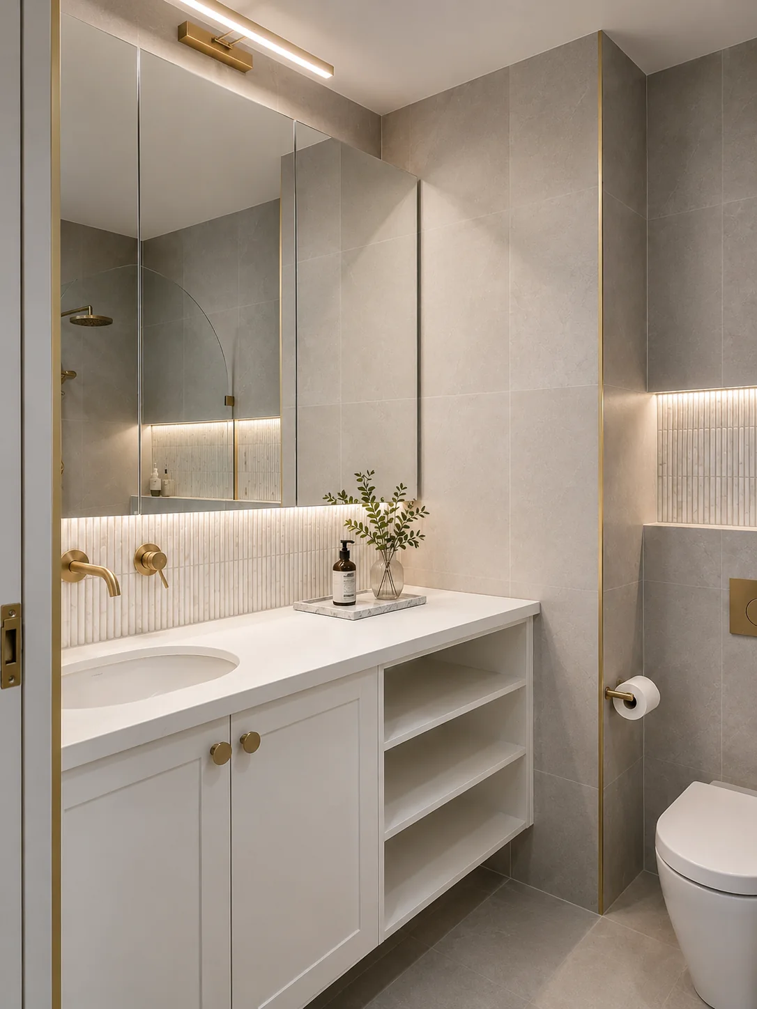 White bathroom vanity joinery with mirrored storage and stone surfaces