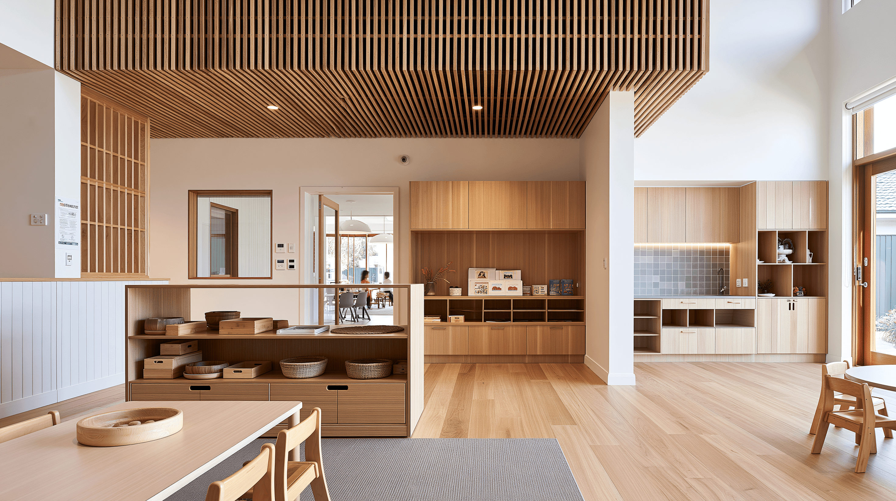 Timber cabinetry, shelving and ceiling battens in an education interior